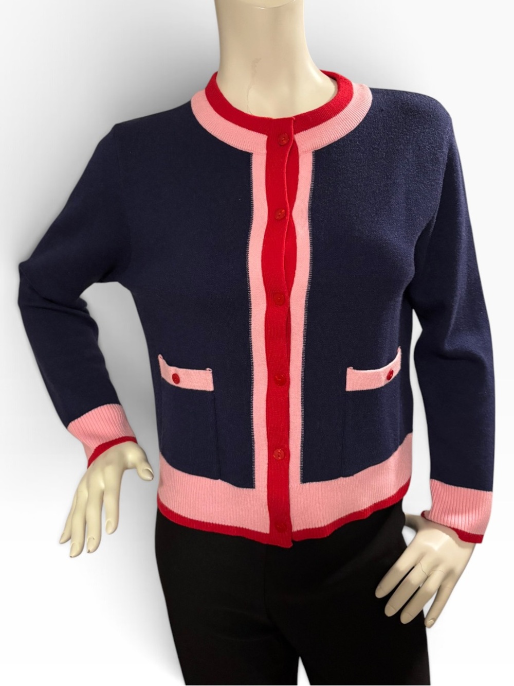 Sioni Navy, Red, Pink Trim Button-Front Women's Cardigan Sweater, Medium Petite